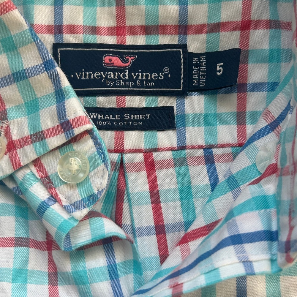 Vineyard Vines Boys Size 5 Whale Shirt Cotton Tattersall Plaid Buttons LongPink
